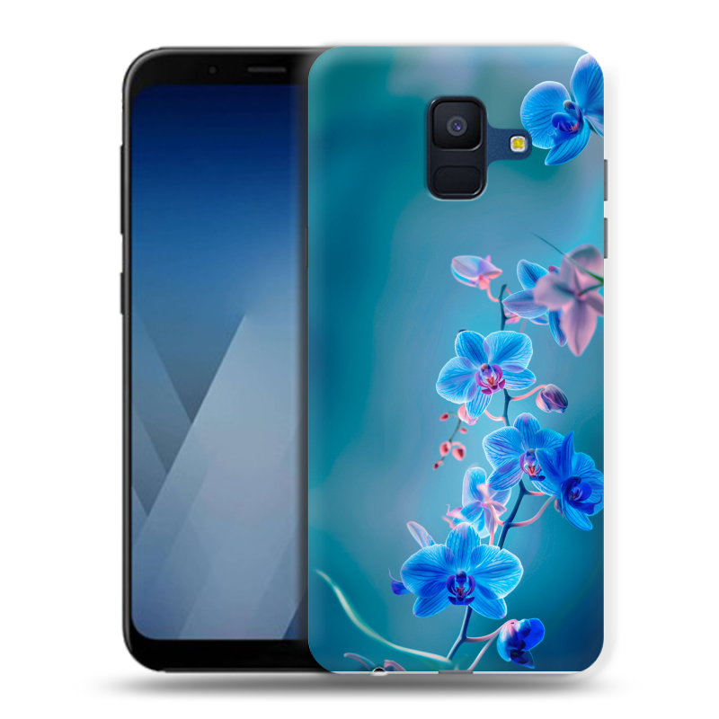 Силиконовый противоударный чехол на Samsung Galaxy A6 с принтом Голубые цветы Силиконовый противоударный чехол на Samsung Galaxy A6 с принтом Голубые цветы