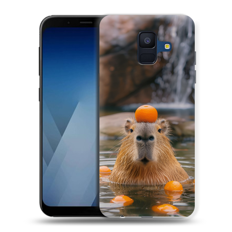 Пластиковый чехол на Samsung Galaxy A6 с принтом Капибара с апельсином Пластиковый чехол на Samsung Galaxy A6 с принтом Капибара с апельсином