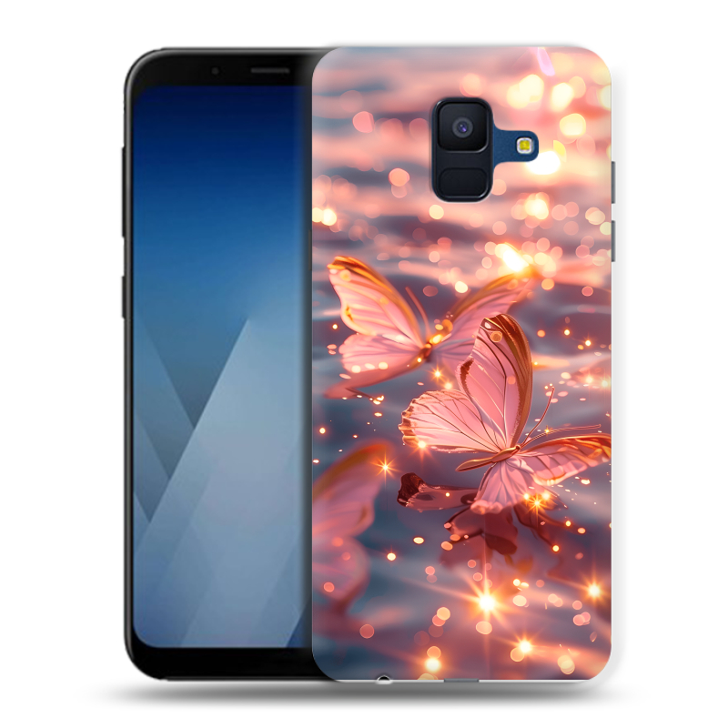 Силиконовый противоударный чехол на Samsung Galaxy A6 с принтом бабочки розовые Силиконовый противоударный чехол на Samsung Galaxy A6 с принтом бабочки розовые