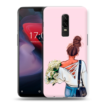 Пластиковый чехол на OnePlus 6 с принтом Девушка и букет Пластиковый чехол на OnePlus 6 с принтом Девушка и букет
