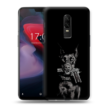 Пластиковый чехол на OnePlus 6 с принтом Доберман и пистолет Пластиковый чехол на OnePlus 6 с принтом Доберман и пистолет