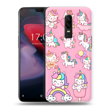Пластиковый чехол на OnePlus 6 с принтом Единороги и радуга Пластиковый чехол на OnePlus 6 с принтом Единороги и радуга