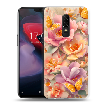 Пластиковый чехол на OnePlus 6 с принтом Цветы и бабочки Пластиковый чехол на OnePlus 6 с принтом Цветы и бабочки