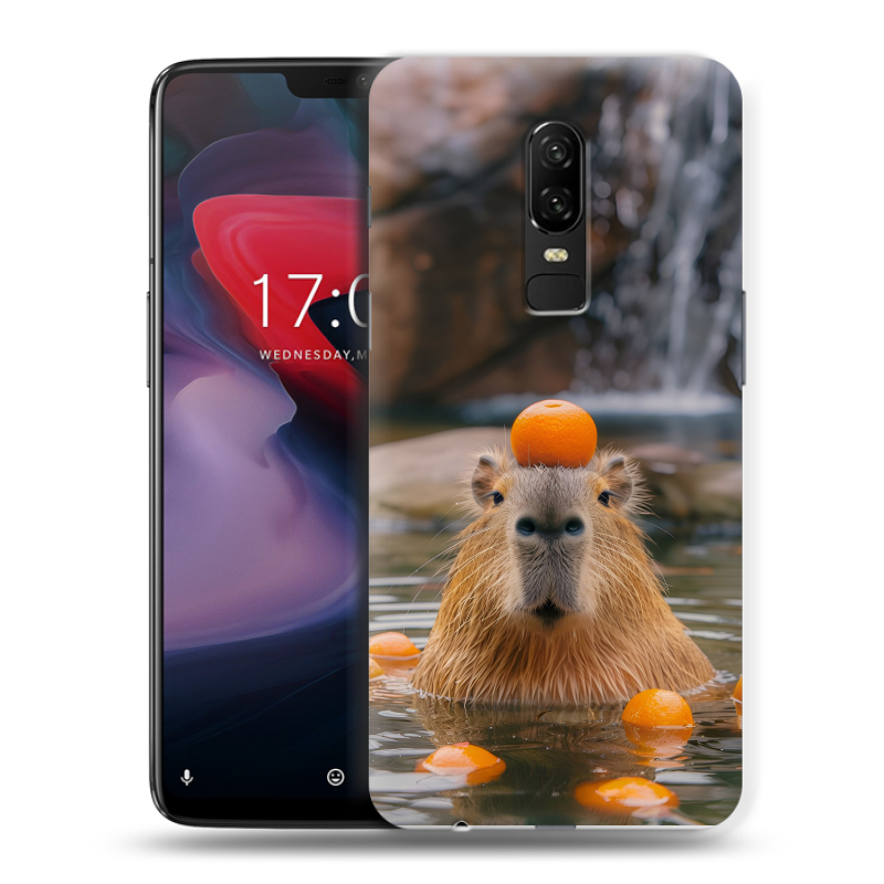 Пластиковый чехол на OnePlus 6 с принтом Капибара с апельсином Пластиковый чехол на OnePlus 6 с принтом Капибара с апельсином