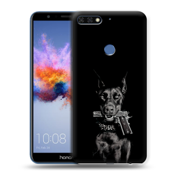 Силиконовый противоударный чехол на Huawei Honor 7C с принтом Доберман и пистолет
