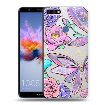 Силиконовый противоударный чехол на Huawei Honor 7C с принтом Бабочки и цветы