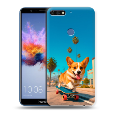 Силиконовый противоударный чехол на Huawei Honor 7C с принтом Корги на скейте Силиконовый противоударный чехол на Huawei Honor 7C с принтом Корги на скейте