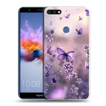 Силиконовый противоударный чехол на Huawei Honor 7C с принтом бабочки и лаванда Силиконовый противоударный чехол на Huawei Honor 7C с принтом бабочки и лаванда