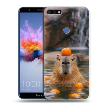 Силиконовый противоударный чехол на Huawei Honor 7C с принтом Капибара с апельсином