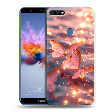 Силиконовый противоударный чехол на Huawei Honor 7C с принтом бабочки розовые Силиконовый противоударный чехол на Huawei Honor 7C с принтом бабочки розовые