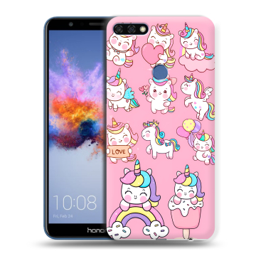 Силиконовый противоударный чехол на Huawei Honor 7C с принтом Единороги и радуга