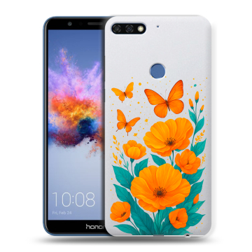 Силиконовый противоударный чехол на Huawei Honor 7C с принтом цветы бабочки