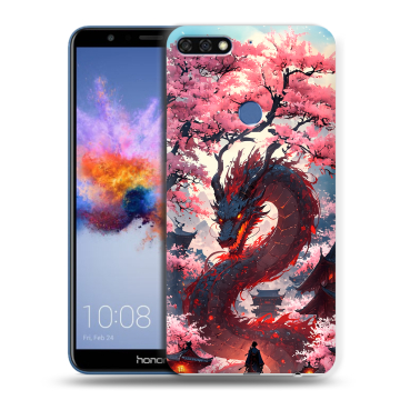 Силиконовый противоударный чехол на Huawei Honor 7C с принтом Дракон Японский Силиконовый противоударный чехол на Huawei Honor 7C с принтом Дракон Японский
