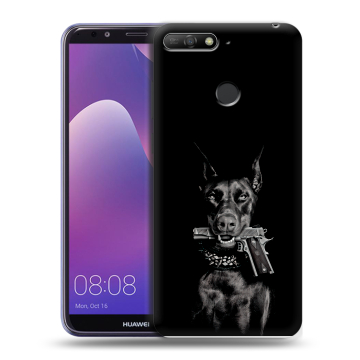 Силиконовый противоударный чехол на Huawei Y6 Prime (2018) с принтом Доберман и пистолет Силиконовый противоударный чехол на Huawei Y6 Prime (2018) с принтом Доберман и пистолет