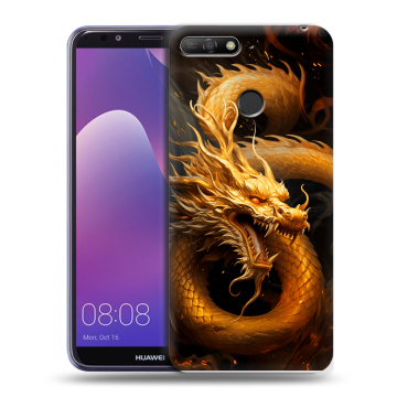 Силиконовый противоударный чехол на Huawei Y6 Prime (2018) с принтом Золотой дракон Силиконовый противоударный чехол на Huawei Y6 Prime (2018) с принтом Золотой дракон