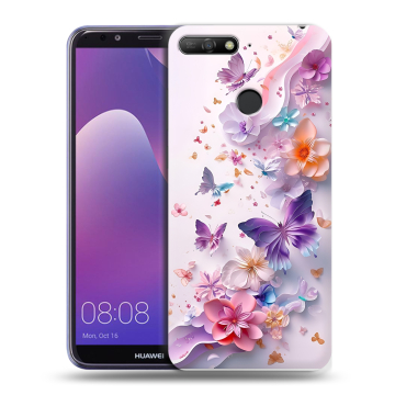Силиконовый противоударный чехол на Huawei Y6 Prime (2018) с принтом цветы бабочки