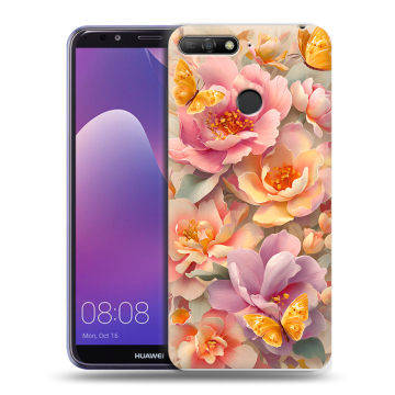 Силиконовый противоударный чехол на Huawei Y6 Prime (2018) с принтом Цветы и бабочки