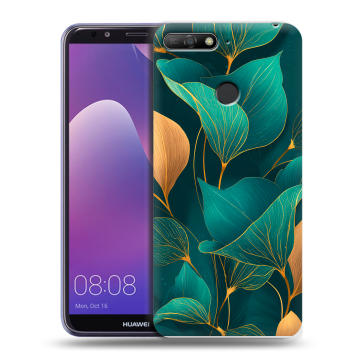 Силиконовый противоударный чехол на Huawei Y6 Prime (2018) с принтом Листья и золото