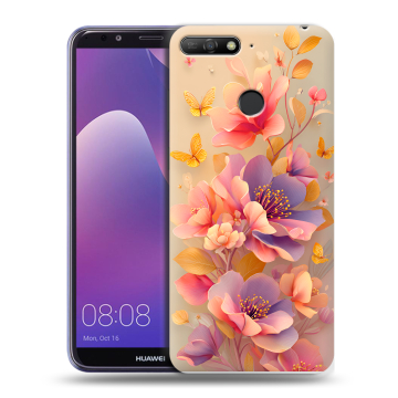 Силиконовый противоударный чехол на Huawei Y6 Prime (2018) с принтом Цветы и бабочки