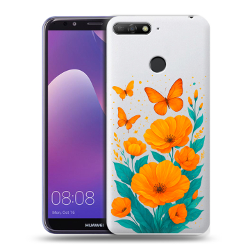 Силиконовый противоударный чехол на Huawei Y6 Prime (2018) с принтом цветы бабочки
