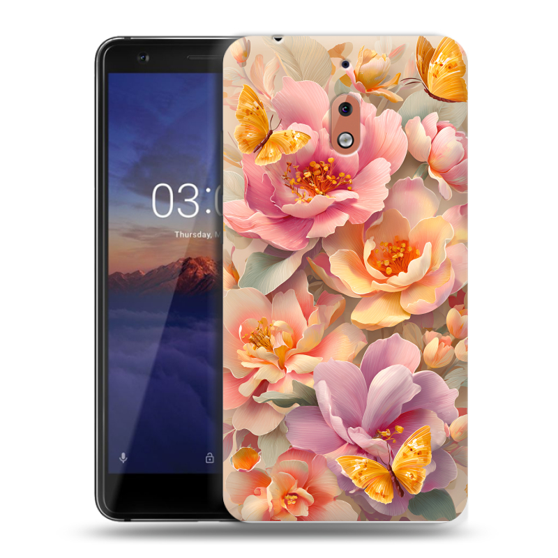 Силиконовый чехол на Nokia 2.1 с принтом Цветы и бабочки Силиконовый чехол на Nokia 2.1 с принтом Цветы и бабочки