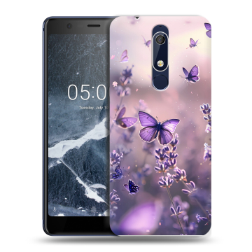 Силиконовый чехол на Nokia 5.1 с принтом бабочки и лаванда Силиконовый чехол на Nokia 5.1 с принтом бабочки и лаванда