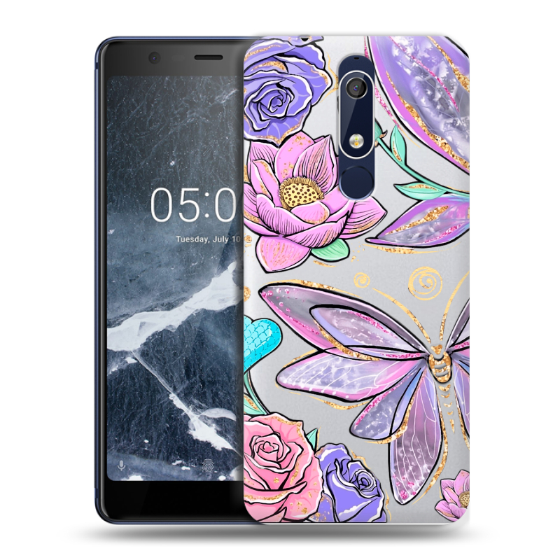Силиконовый чехол на Nokia 5.1 с принтом Бабочки и цветы Силиконовый чехол на Nokia 5.1 с принтом Бабочки и цветы