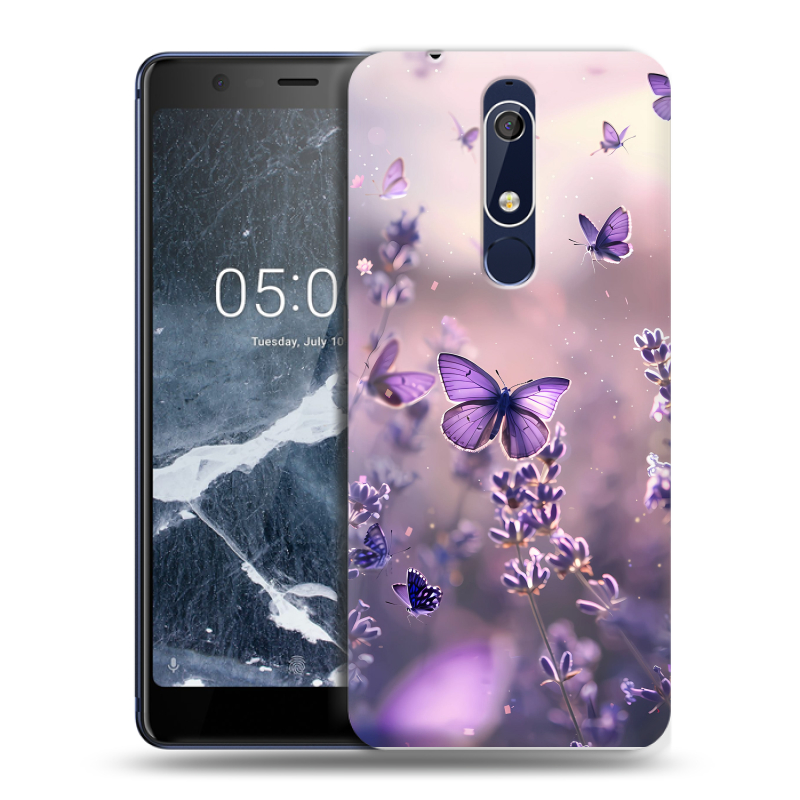 Силиконовый противоударный чехол на Nokia 5.1 с принтом бабочки и лаванда Силиконовый противоударный чехол на Nokia 5.1 с принтом бабочки и лаванда