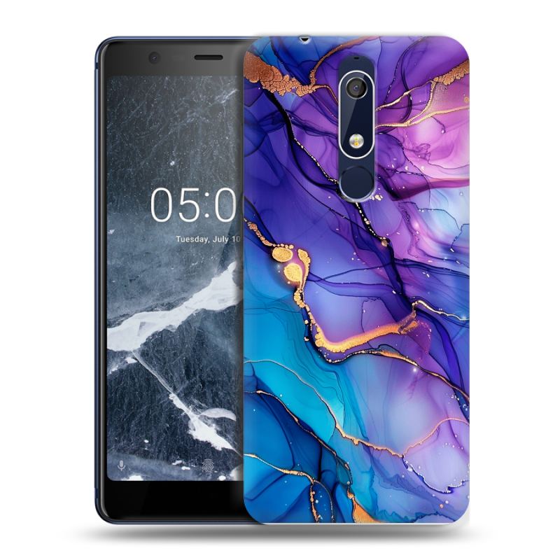 Силиконовый противоударный чехол на Nokia 5.1 с принтом синий мрамор Силиконовый противоударный чехол на Nokia 5.1 с принтом синий мрамор