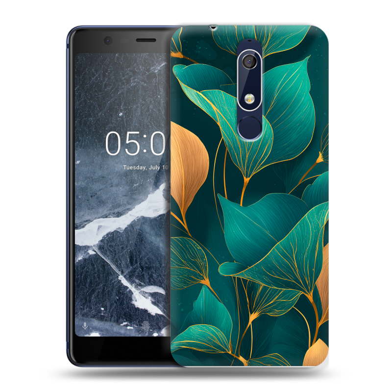 Силиконовый противоударный чехол на Nokia 5.1 с принтом Листья и золото Силиконовый противоударный чехол на Nokia 5.1 с принтом Листья и золото