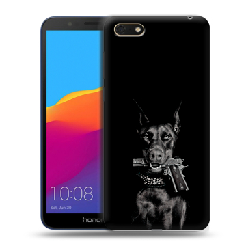 Силиконовый чехол на Huawei Honor 7A с принтом Доберман и пистолет Силиконовый чехол на Huawei Honor 7A с принтом Доберман и пистолет