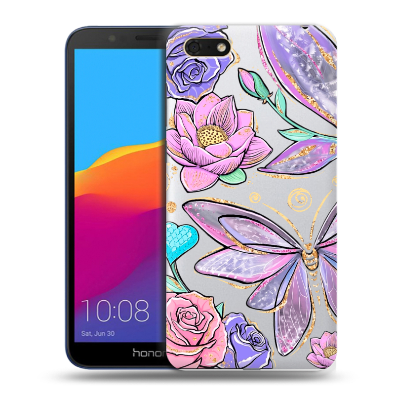 Силиконовый противоударный чехол на Huawei Honor 7A с принтом Бабочки и цветы Силиконовый противоударный чехол на Huawei Honor 7A с принтом Бабочки и цветы