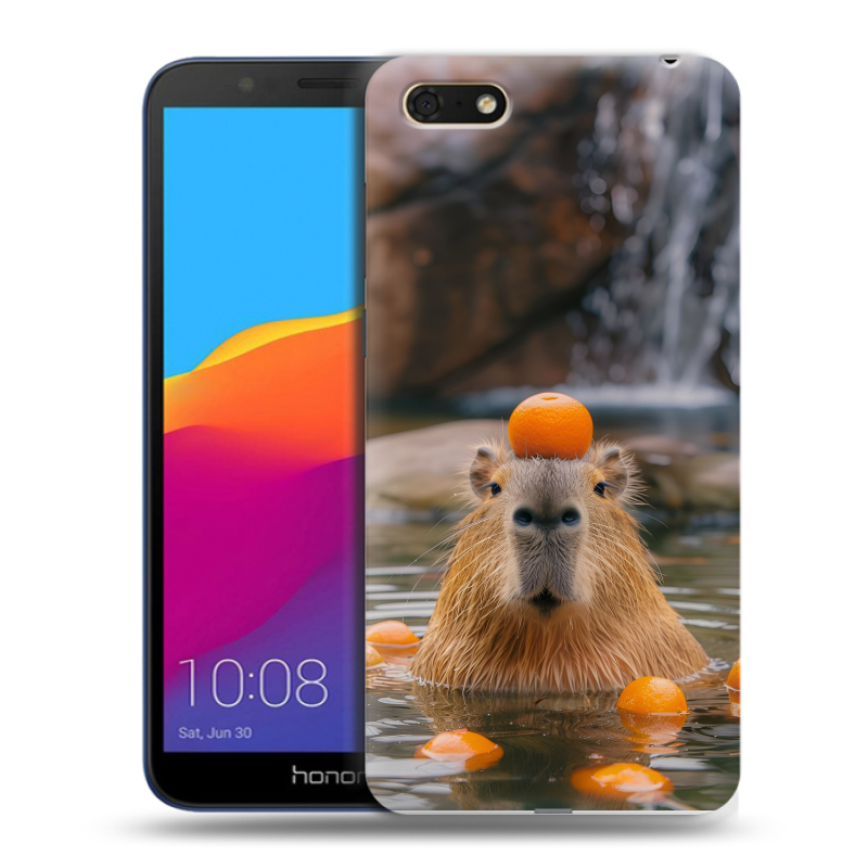 Силиконовый противоударный чехол на Huawei Honor 7A с принтом Капибара с апельсином Силиконовый противоударный чехол на Huawei Honor 7A с принтом Капибара с апельсином