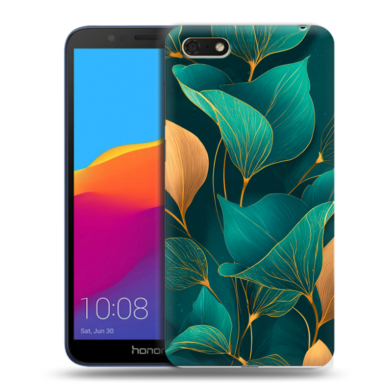 Силиконовый противоударный чехол на Huawei Honor 7A с принтом Листья и золото Силиконовый противоударный чехол на Huawei Honor 7A с принтом Листья и золото