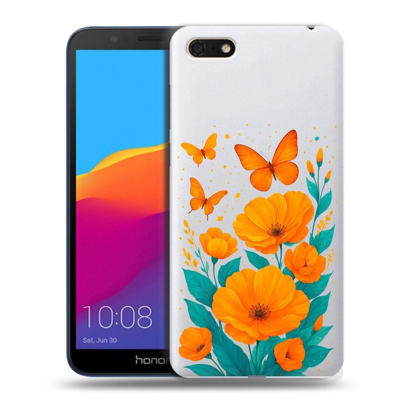 Силиконовый чехол на Huawei Honor 7A с принтом цветы бабочки Силиконовый чехол на Huawei Honor 7A с принтом цветы бабочки