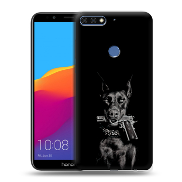 Пластиковый чехол на Huawei Honor 7C Pro с принтом Доберман и пистолет