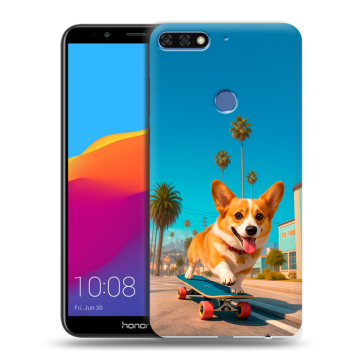 Пластиковый чехол на Huawei Honor 7C Pro с принтом Корги на скейте