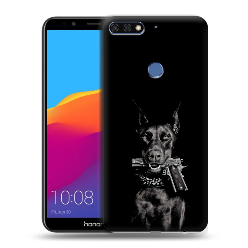 Пластиковый чехол на Huawei Honor 7C Pro с принтом Доберман и пистолет Пластиковый чехол на Huawei Honor 7C Pro с принтом Доберман и пистолет