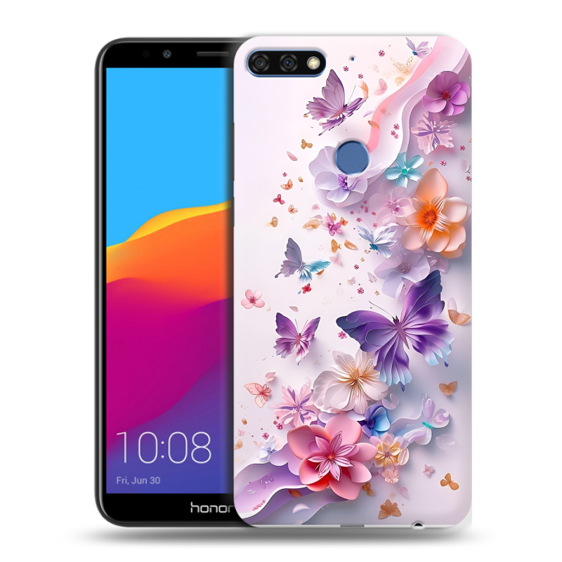 Пластиковый чехол на Huawei Honor 7C Pro с принтом цветы бабочки Пластиковый чехол на Huawei Honor 7C Pro с принтом цветы бабочки