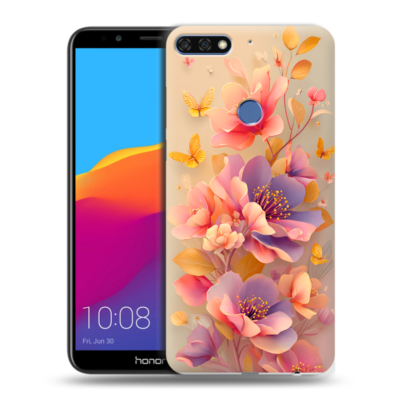 Пластиковый чехол на Huawei Honor 7C Pro с принтом Цветы и бабочки Пластиковый чехол на Huawei Honor 7C Pro с принтом Цветы и бабочки