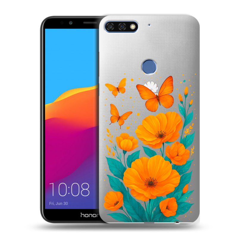 Пластиковый чехол на Huawei Honor 7C Pro с принтом цветы бабочки Пластиковый чехол на Huawei Honor 7C Pro с принтом цветы бабочки