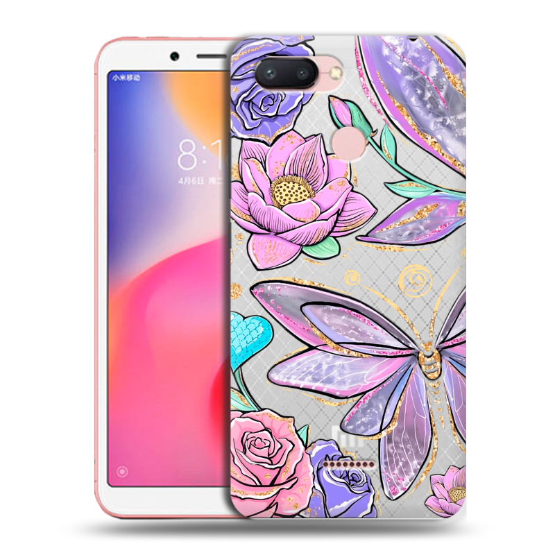 Пластиковый чехол на Xiaomi RedMi 6 с принтом Бабочки и цветы Пластиковый чехол на Xiaomi RedMi 6 с принтом Бабочки и цветы