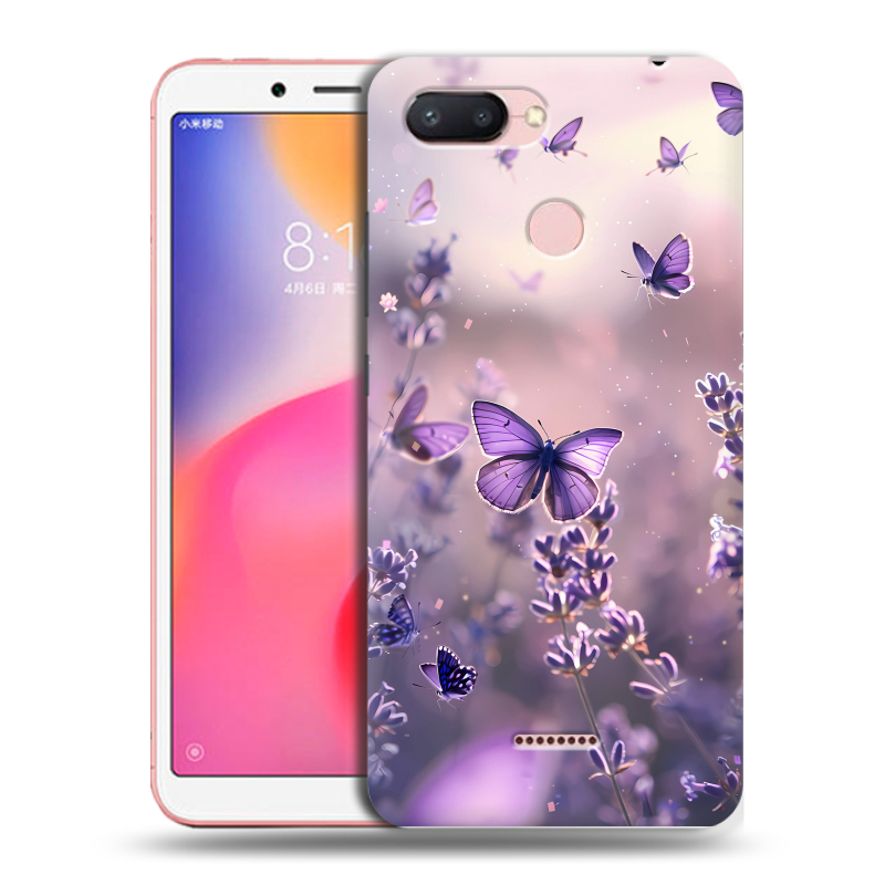 Силиконовый противоударный чехол на Xiaomi RedMi 6 с принтом бабочки и лаванда Силиконовый противоударный чехол на Xiaomi RedMi 6 с принтом бабочки и лаванда