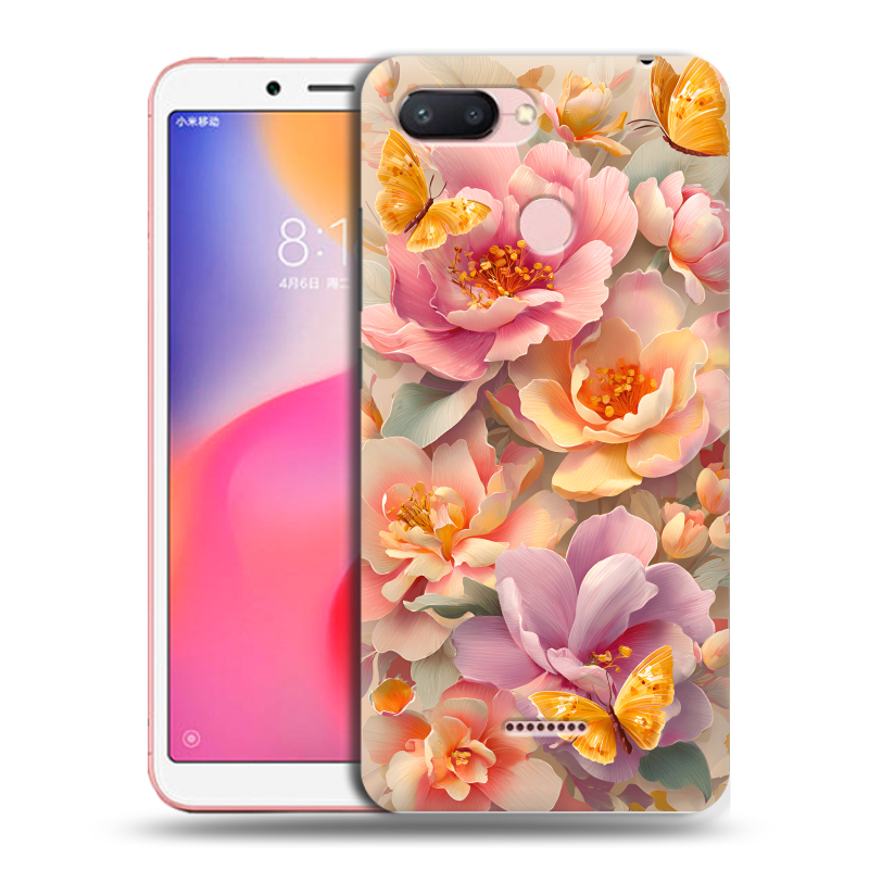 Пластиковый чехол на Xiaomi RedMi 6 с принтом Цветы и бабочки Пластиковый чехол на Xiaomi RedMi 6 с принтом Цветы и бабочки