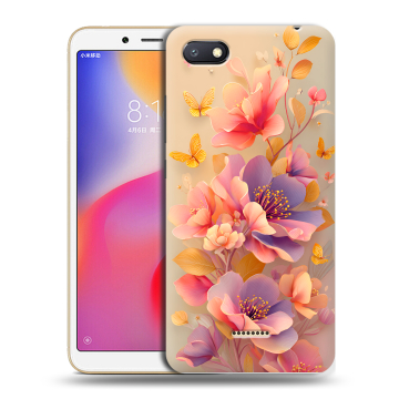 Силиконовый противоударный чехол на Xiaomi RedMi 6A с принтом Цветы и бабочки Силиконовый противоударный чехол на Xiaomi RedMi 6A с принтом Цветы и бабочки