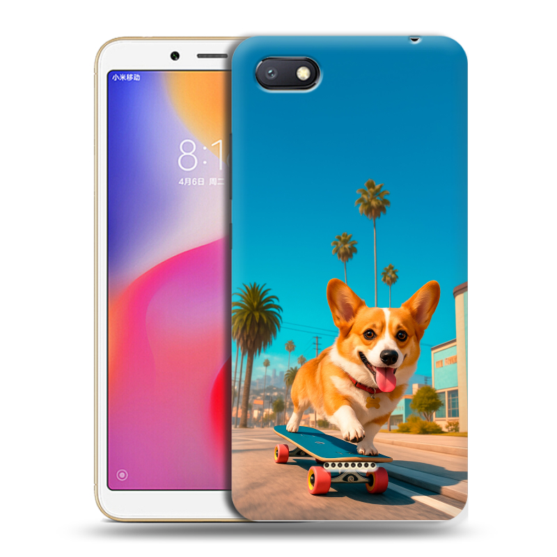Силиконовый противоударный чехол на Xiaomi RedMi 6A с принтом Корги на скейте Силиконовый противоударный чехол на Xiaomi RedMi 6A с принтом Корги на скейте