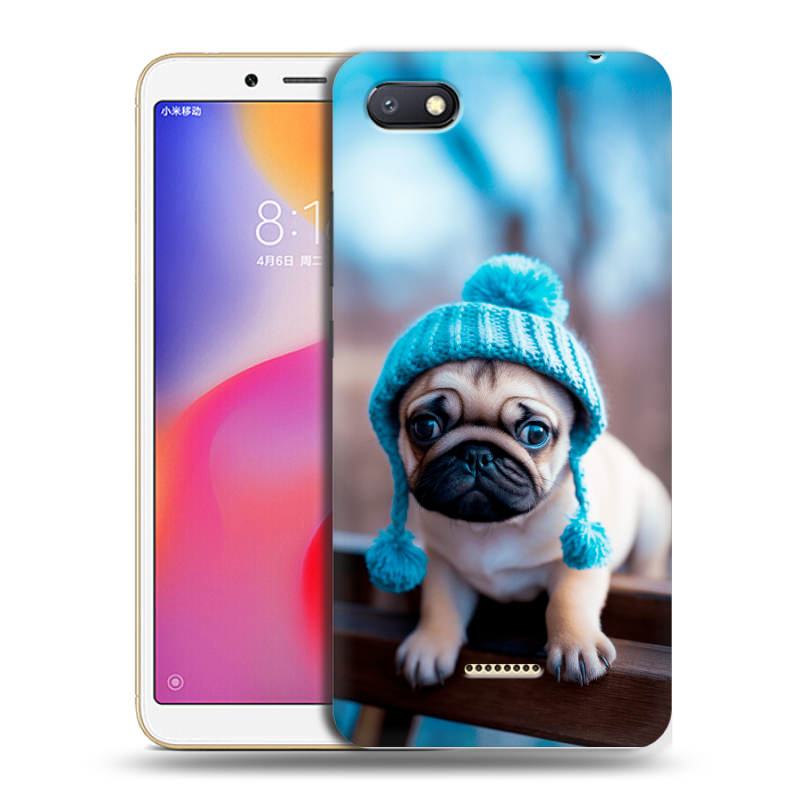 Силиконовый противоударный чехол на Xiaomi RedMi 6A с принтом Мопс в шапке Силиконовый противоударный чехол на Xiaomi RedMi 6A с принтом Мопс в шапке