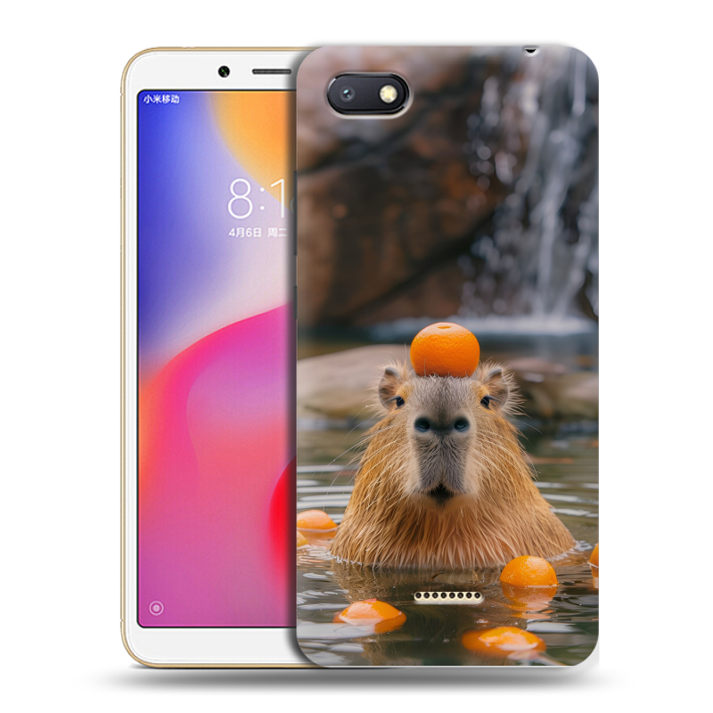Силиконовый противоударный чехол на Xiaomi RedMi 6A с принтом Капибара с апельсином Силиконовый противоударный чехол на Xiaomi RedMi 6A с принтом Капибара с апельсином