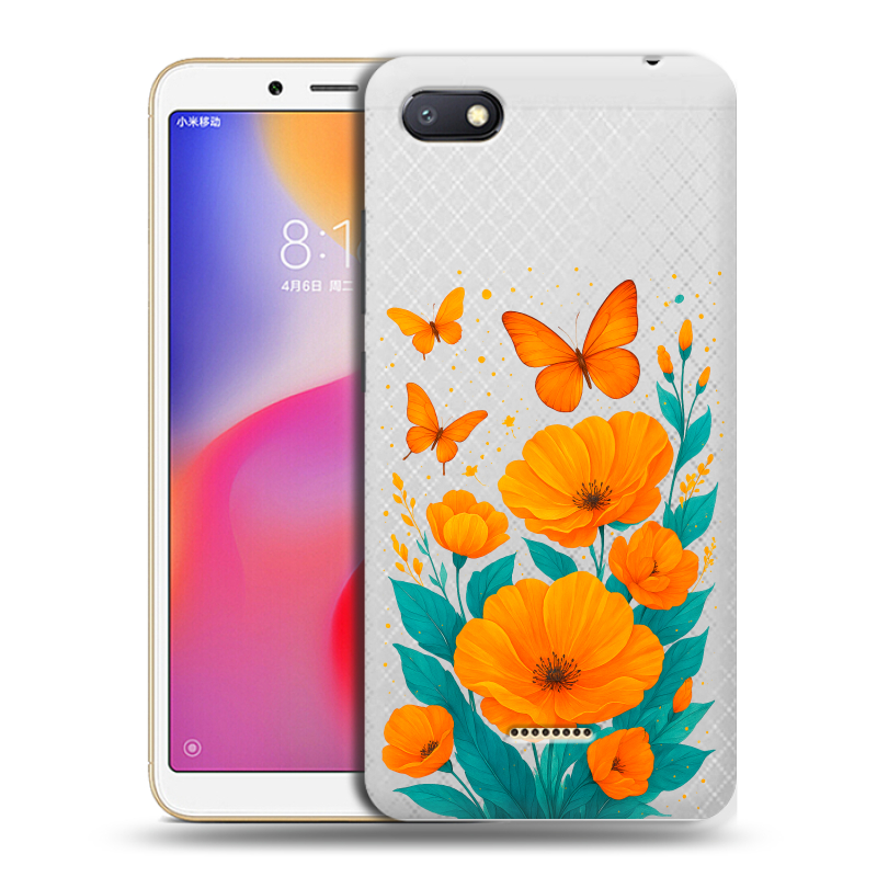 Силиконовый противоударный чехол на Xiaomi RedMi 6A с принтом цветы бабочки Силиконовый противоударный чехол на Xiaomi RedMi 6A с принтом цветы бабочки