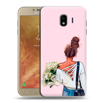 Пластиковый чехол на Samsung Galaxy J4 с принтом Девушка и букет Пластиковый чехол на Samsung Galaxy J4 с принтом Девушка и букет